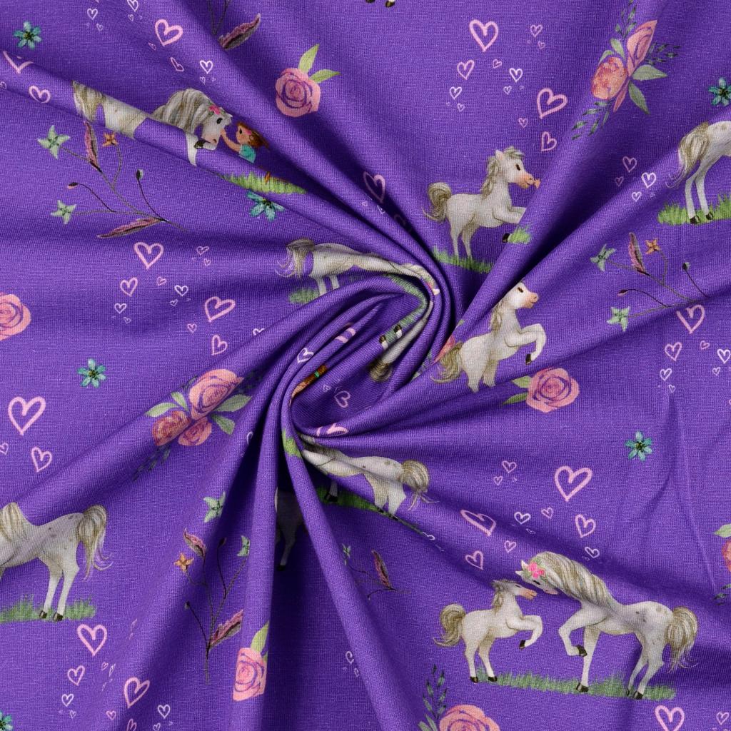 Baumwoll Jersey "Pferd Mädchen" rosa lila *Breite 151cm*