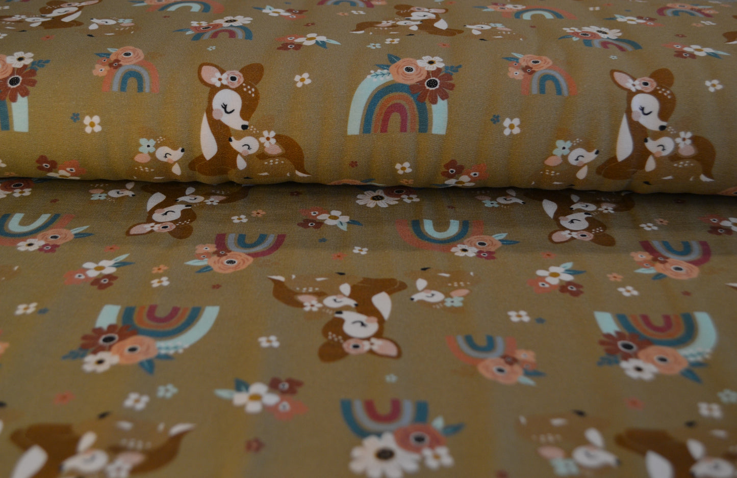 French Terry Sweat "Reh Regenbogen" beige braun *Breite 155cm*