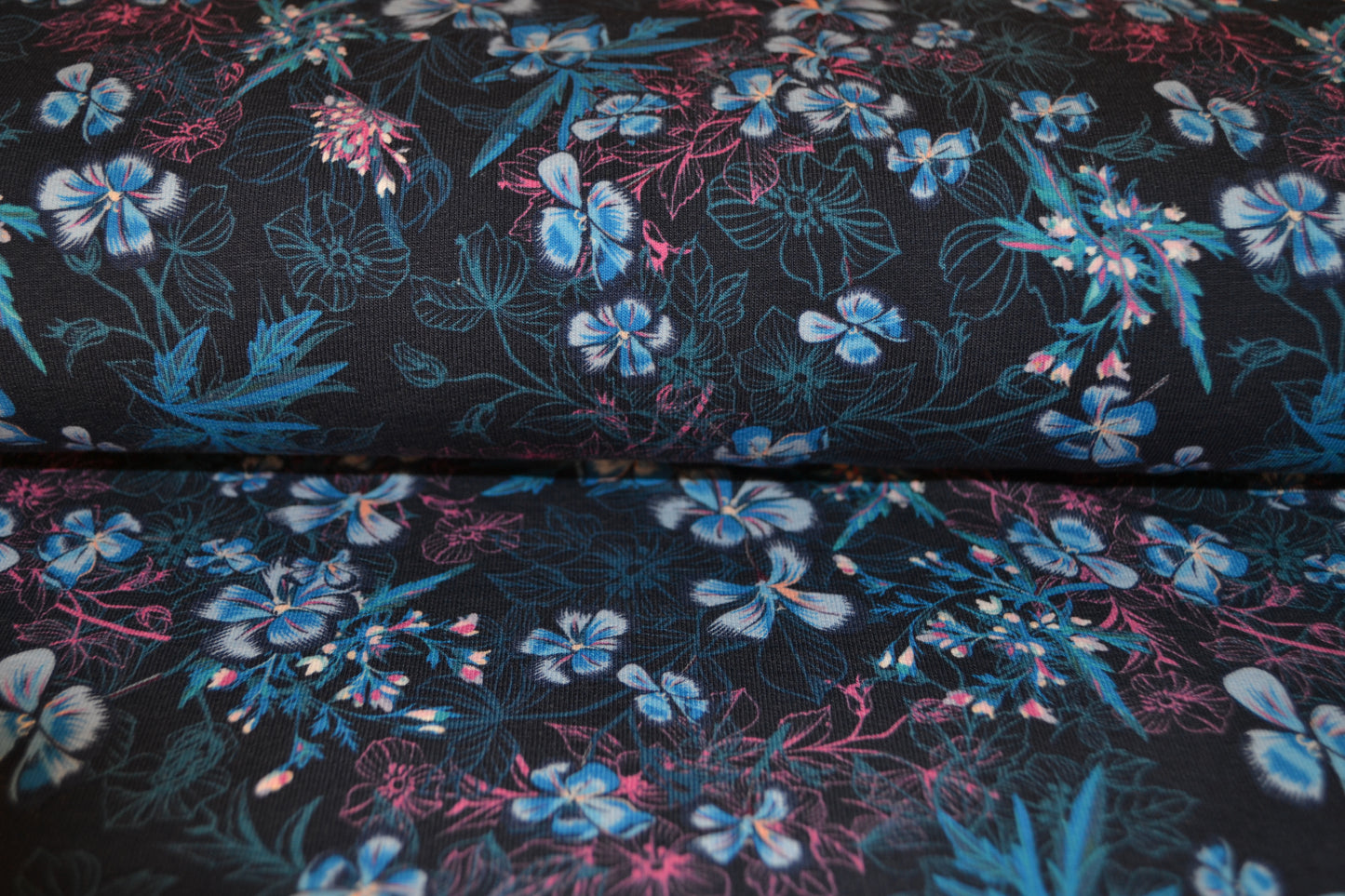 French Terry Sweat "Blumenranken" pink blau *Breite 142cm*