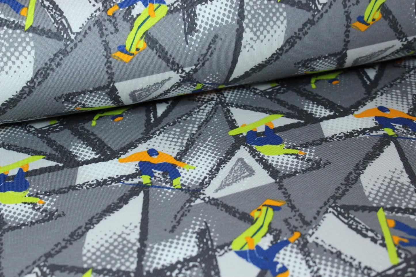 French Terry Sweat "Snowboarder" blau hellgrün grau *Breite 148cm*