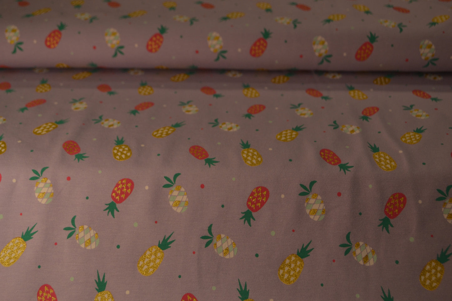 Baumwoll Jersey "Ananas" goldgelb pink flieder *Breite 152cm*