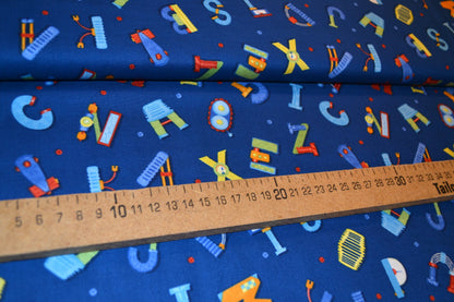Patchwork Baumwolle "Buchstaben" bunt blau *Breite 110 cm*