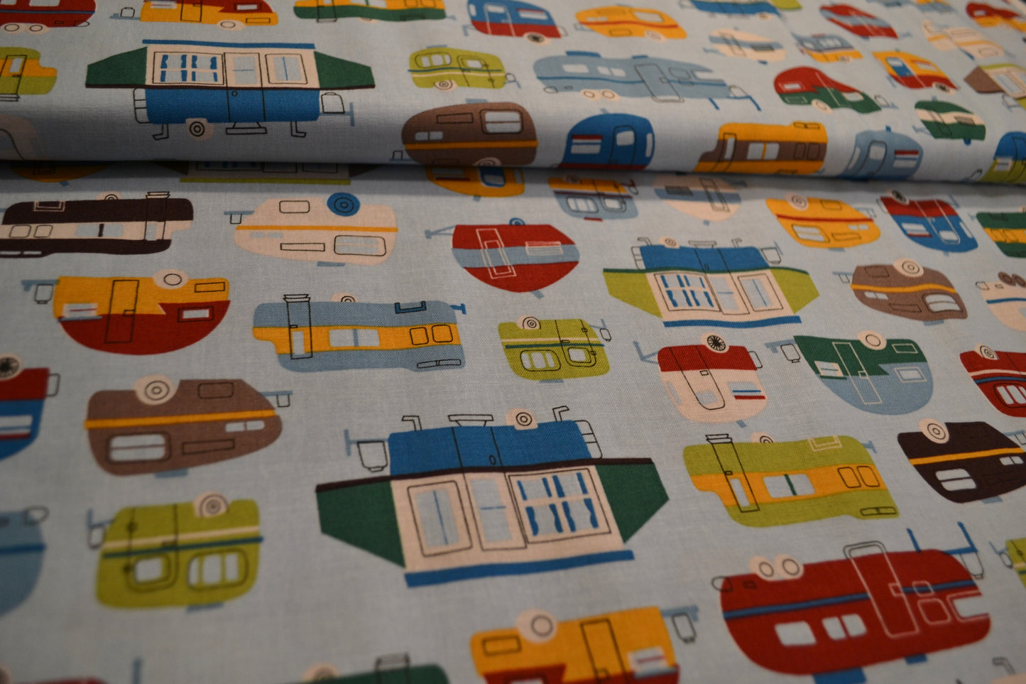 Patchwork Baumwolle "Camping Van" bunt hellblau *Breite 110 cm*