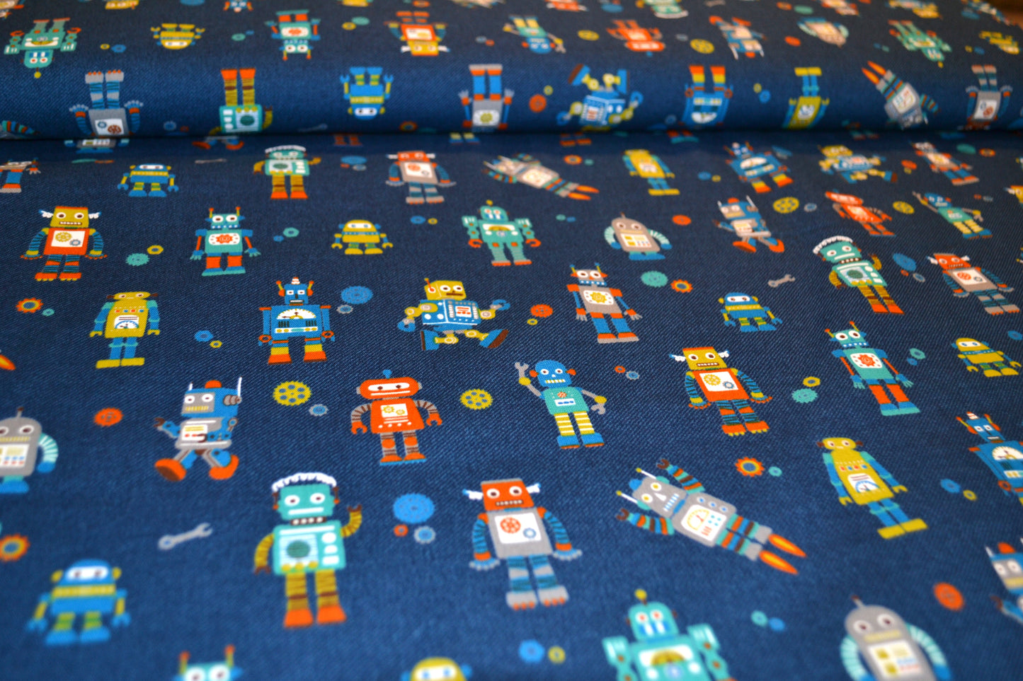Patchwork Baumwolle "Roboter" bunt jeansblau *Breite 110 cm*