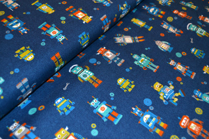 Patchwork Baumwolle "Roboter" bunt jeansblau *Breite 110 cm*