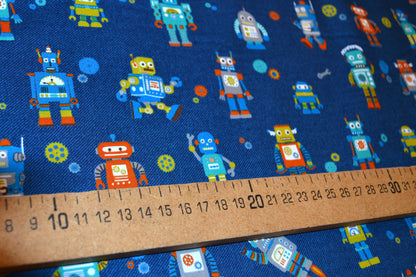 Patchwork Baumwolle "Roboter" bunt jeansblau *Breite 110 cm*