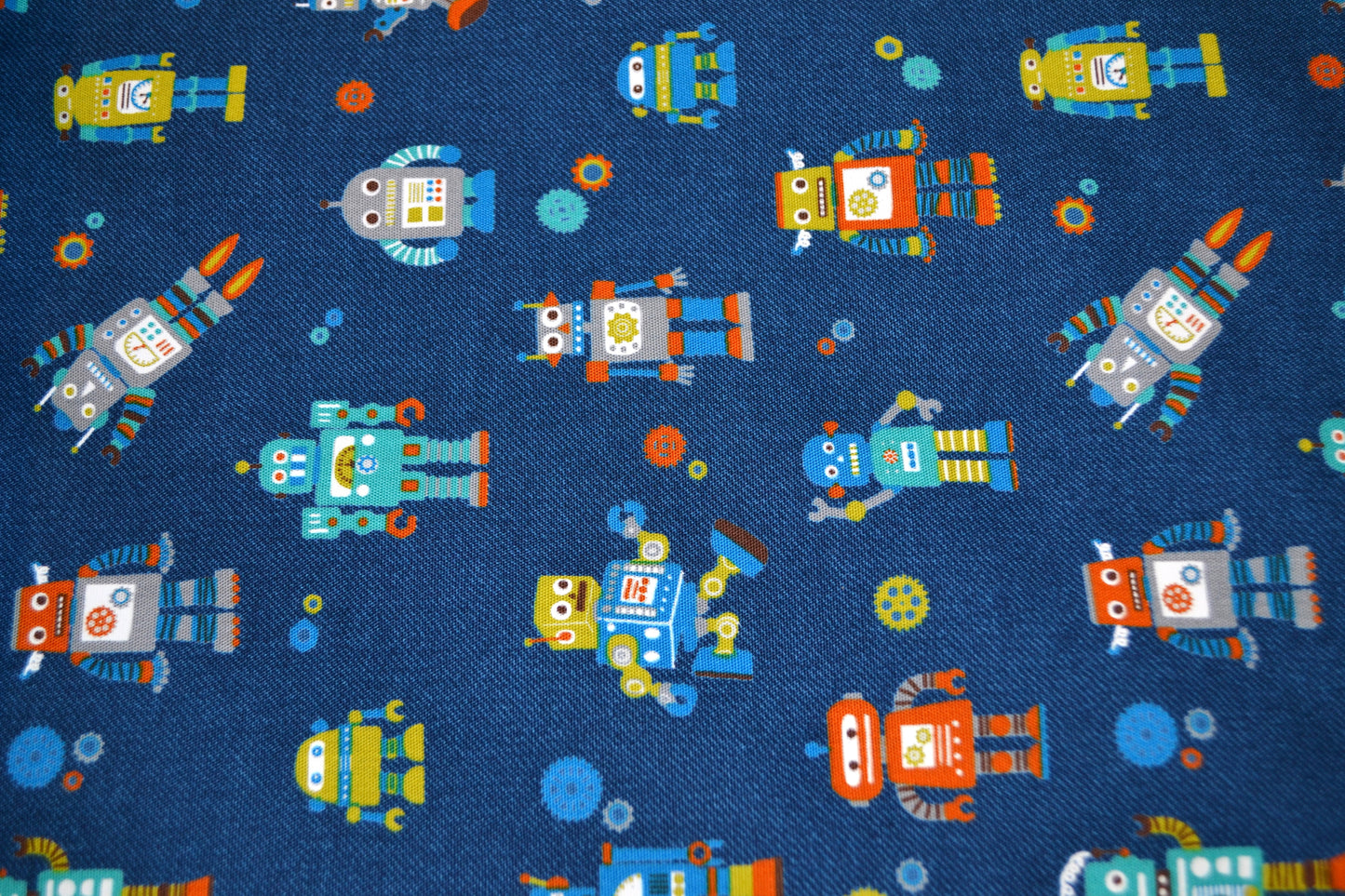 Patchwork Baumwolle "Roboter" bunt jeansblau *Breite 110 cm*