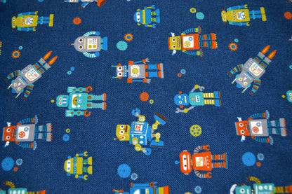 Patchwork Baumwolle "Roboter" bunt jeansblau *Breite 110 cm*