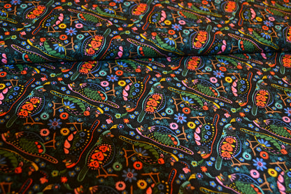 Patchwork Baumwolle "Vogel" bunt schwarz *Breite 110 cm*