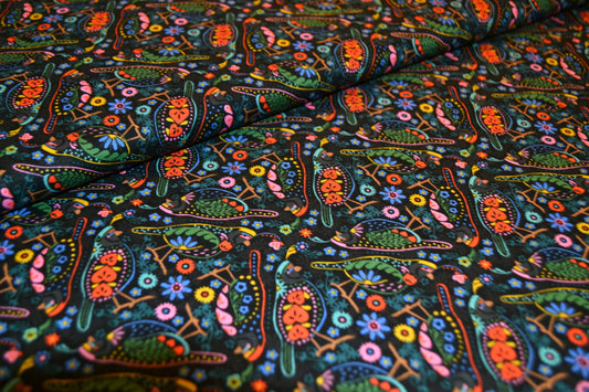 Patchwork Baumwolle "Vogel" bunt schwarz *Breite 110 cm*
