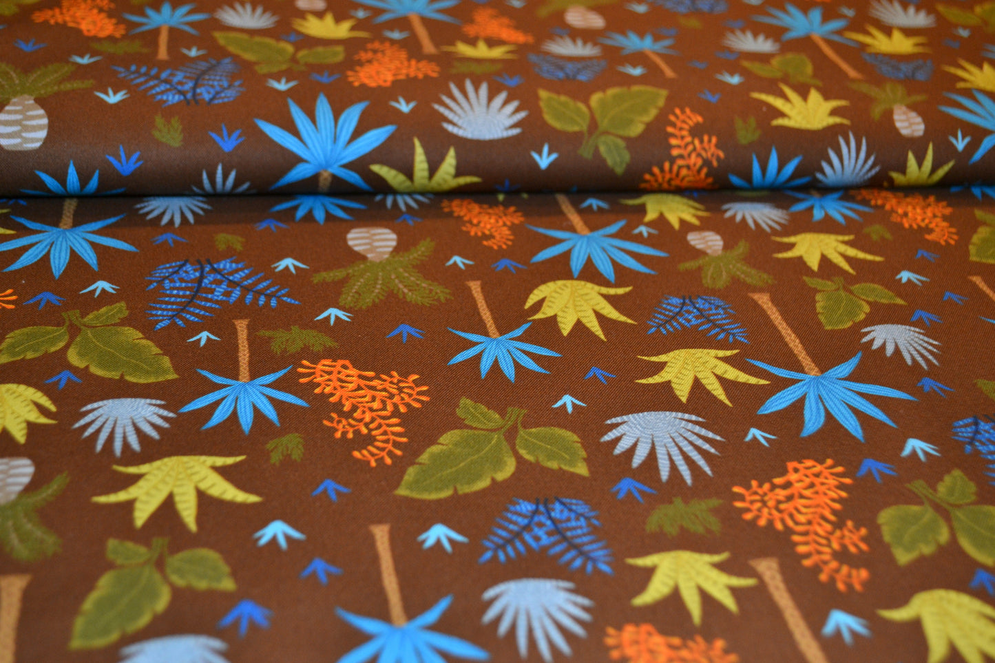 Patchwork Baumwolle "Palmenwald" blau grün braun *Breite 110 cm*