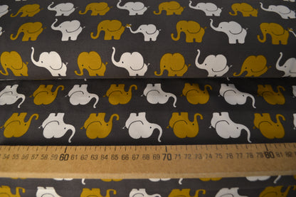 Baumwoll Jersey "Elephant Parade" senf ocker anthrazit *Breite 150cm*